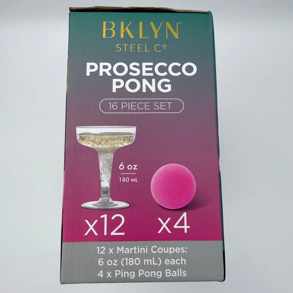 BKLYN Steel Co Prosecco Pong Set‎ 16pc Coupe Glass Party Game NEW